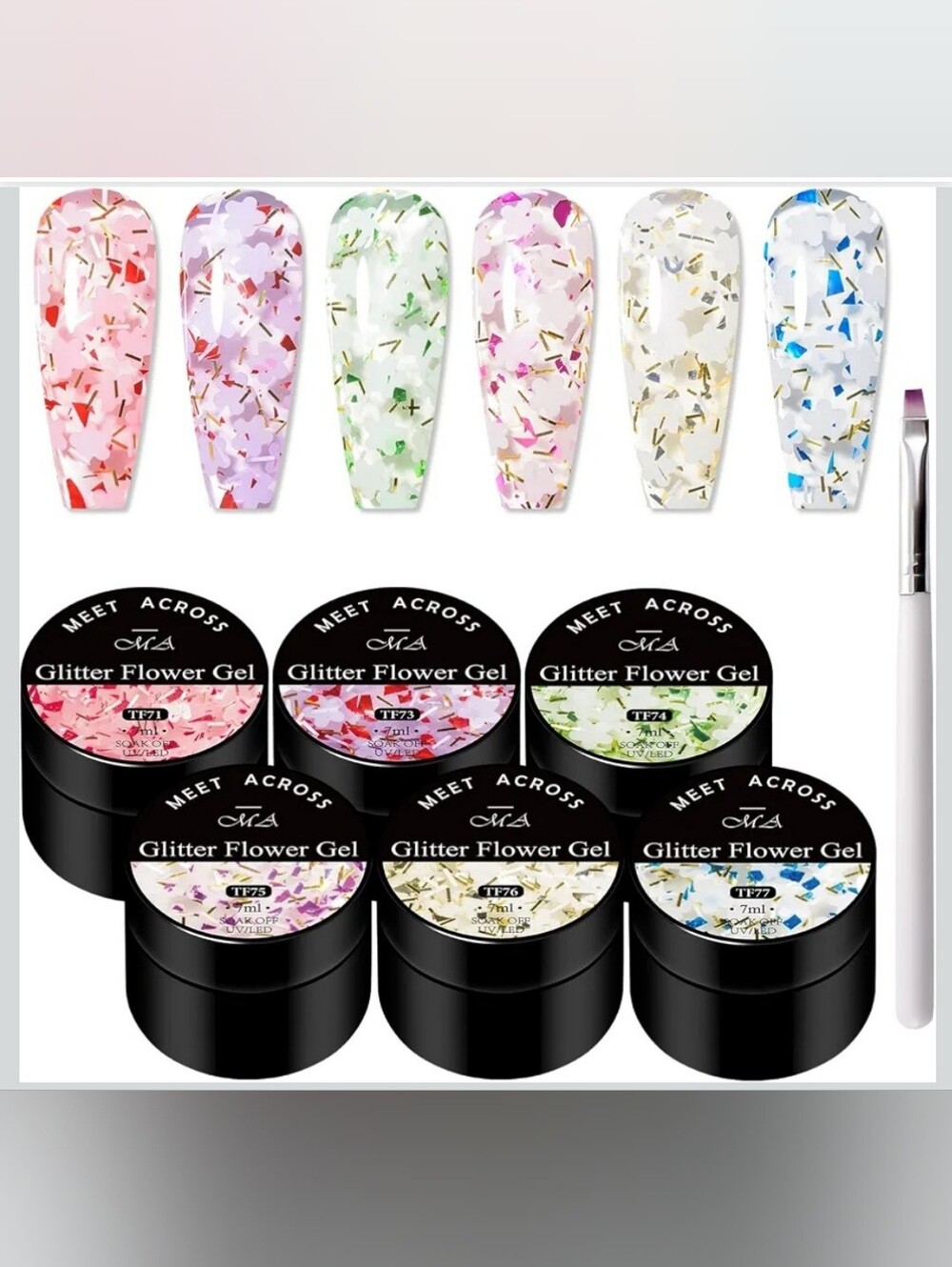 Meet Me Across Glitter Flower Gel Nail Art - 7 Piece Set Pink & Green Color